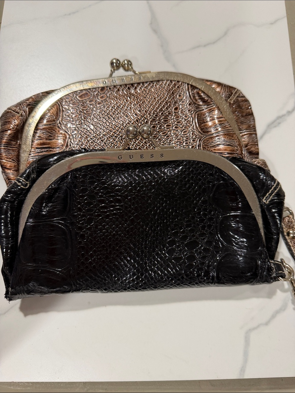 GUESS Croc-Embossed Kiss-Lock Wallet Clutch in Black and Bronze